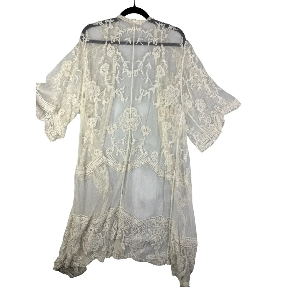 Adiva Cream Sheer Floral Lace Kimono‎ Robe